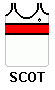 singlet: white with red band with black borders and trim and name on back in band