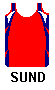 singlet: red with blue side panels with red arrows blue and white shoulders and red trim